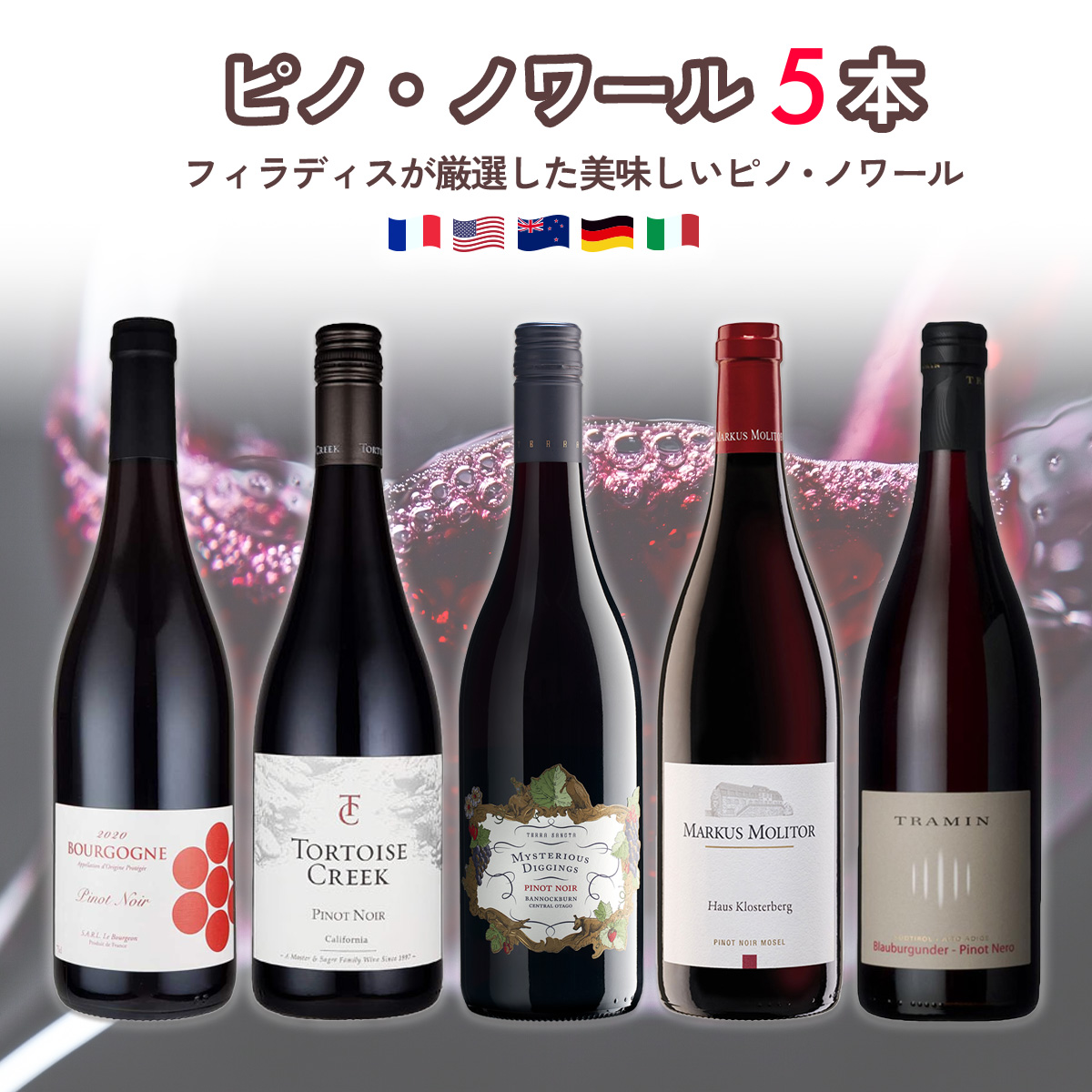 世界のピノ・ノワールを味わい尽くす！5産地飲み比べセット(750ml×5本)