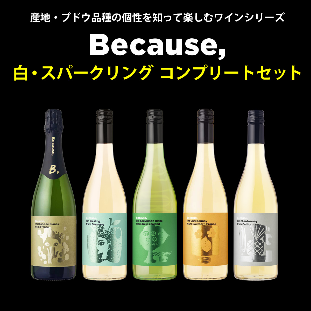 産地・ブドウ品種の個性を知って楽しむワインシリーズ『Because(ビコーズ)』白・スパークリング　コンプリートセット（白4本 白泡1本)