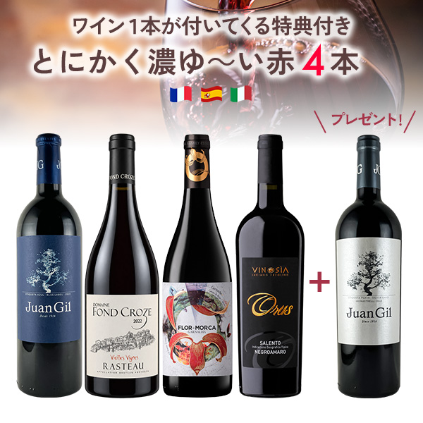 1本プレゼント！とにかく濃ゆ～い赤、揃えました。（750mlx4本+1本）