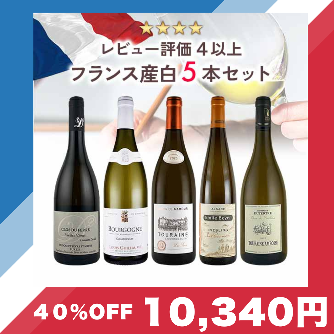 【40％OFF】レビュー評価 4以上、フランス産白ワイン 5本セット