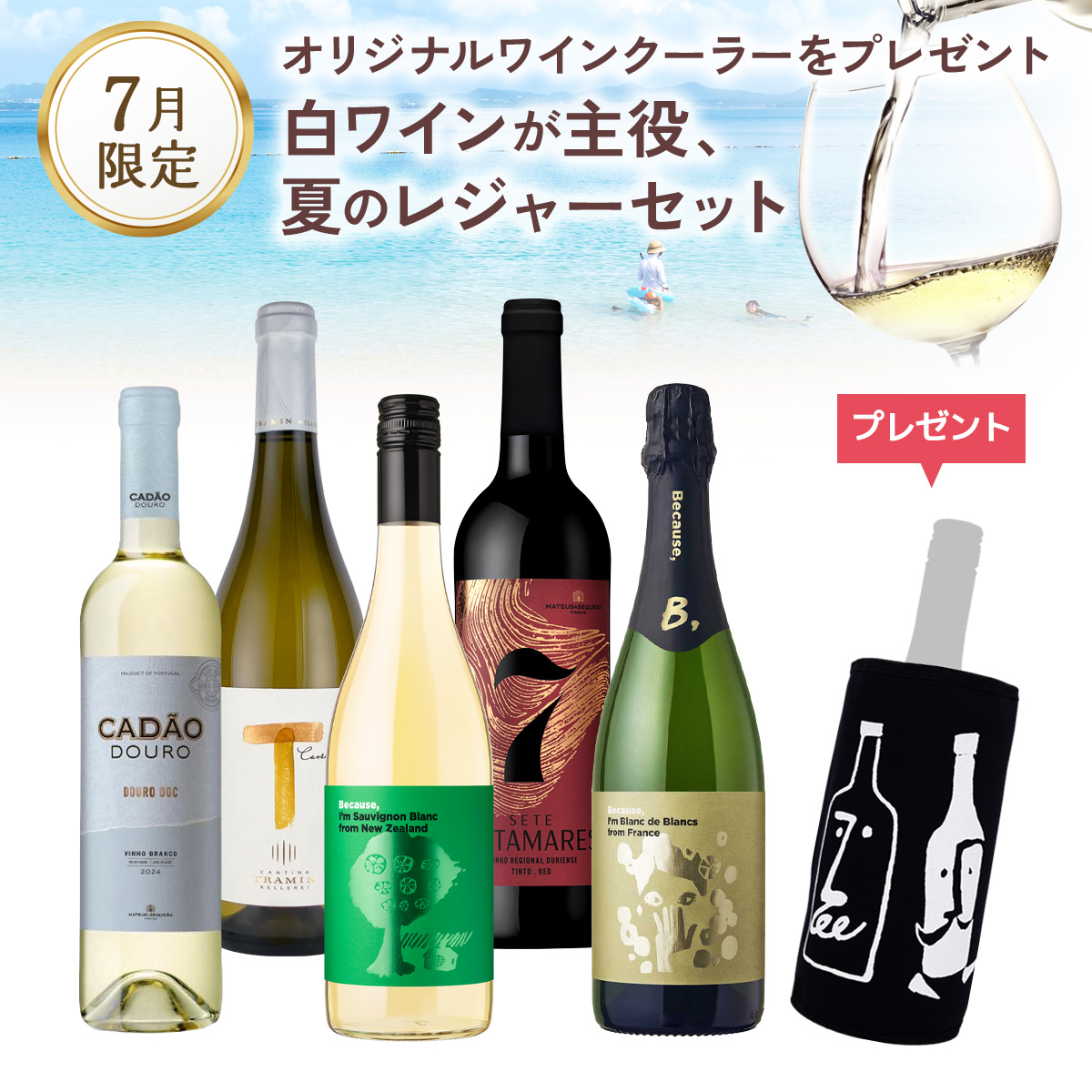 白ワインが主役、夏のレジャーセット。オリジナルワインクーラーをプレゼント。（750mlx5本）