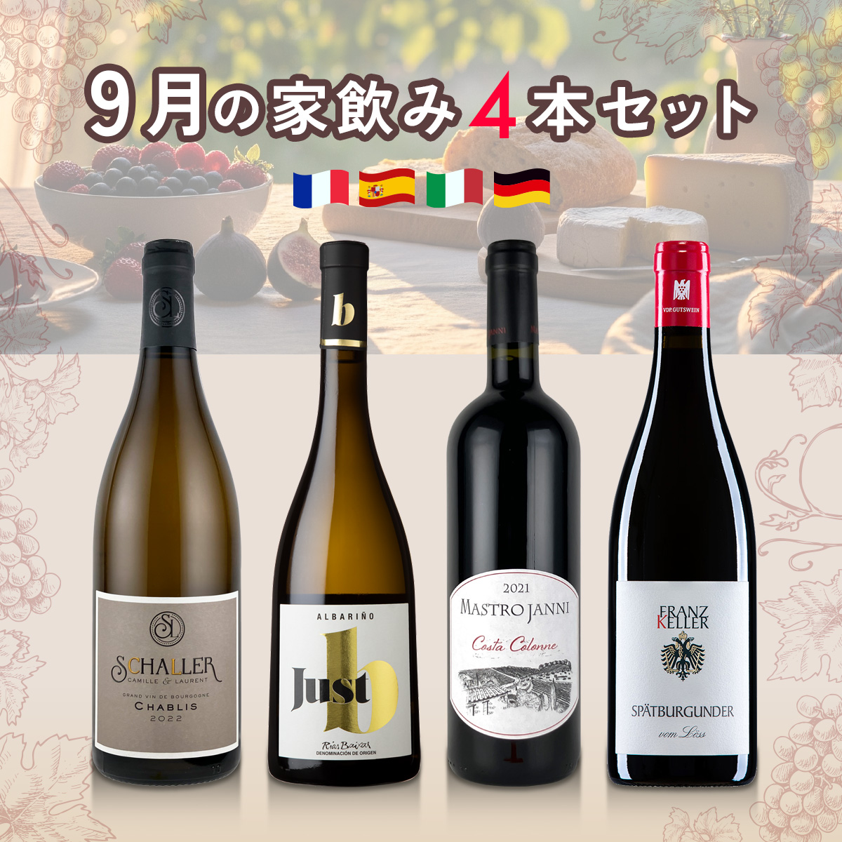 9月の家飲みワイン4本セット(白750mlx2本、赤750mlx2本)