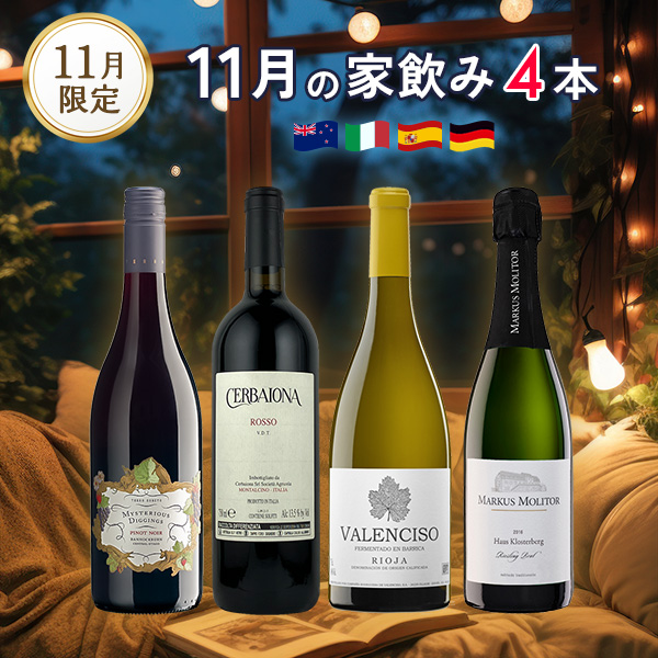 11月の家飲みワイン4本セット（白泡750mlx1本、白750mlx1本、赤750mlx2本）