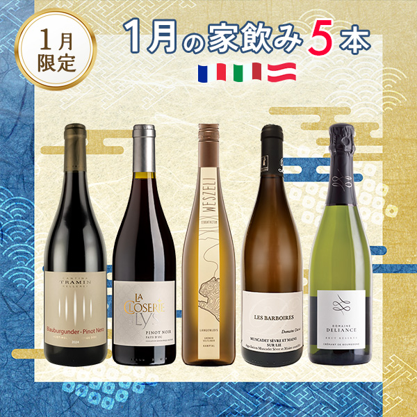 1月の家飲みワイン5本セット（白泡750mlx1本、白750mlx2本、赤750mlx2本）