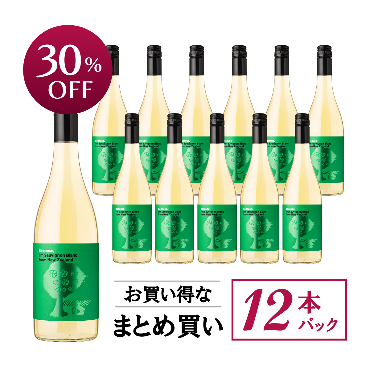 ★値上げ前 ポイント10倍還元★【お買い得な12本パック 30%OFF♪】『ビコーズワイン』ソーヴィ二ヨン・ブラン ニュージーランド(白750ml)