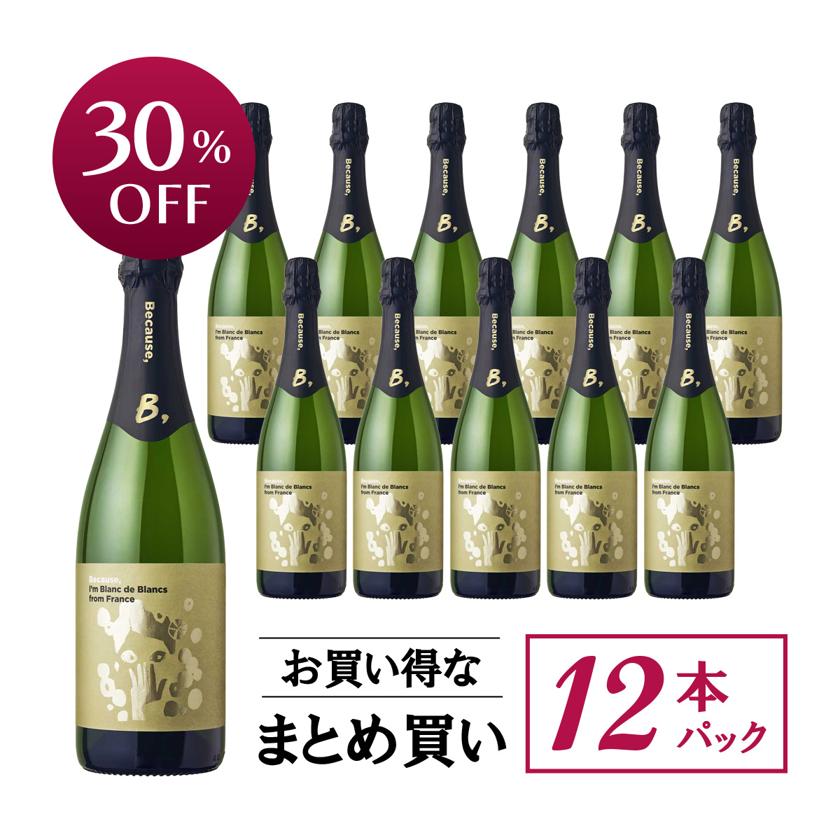 【お買い得な12本パック 30%OFF♪】『ビコーズ』フランス産泡 ブラン・ド・ブラン(フランス産泡750ml×12本)